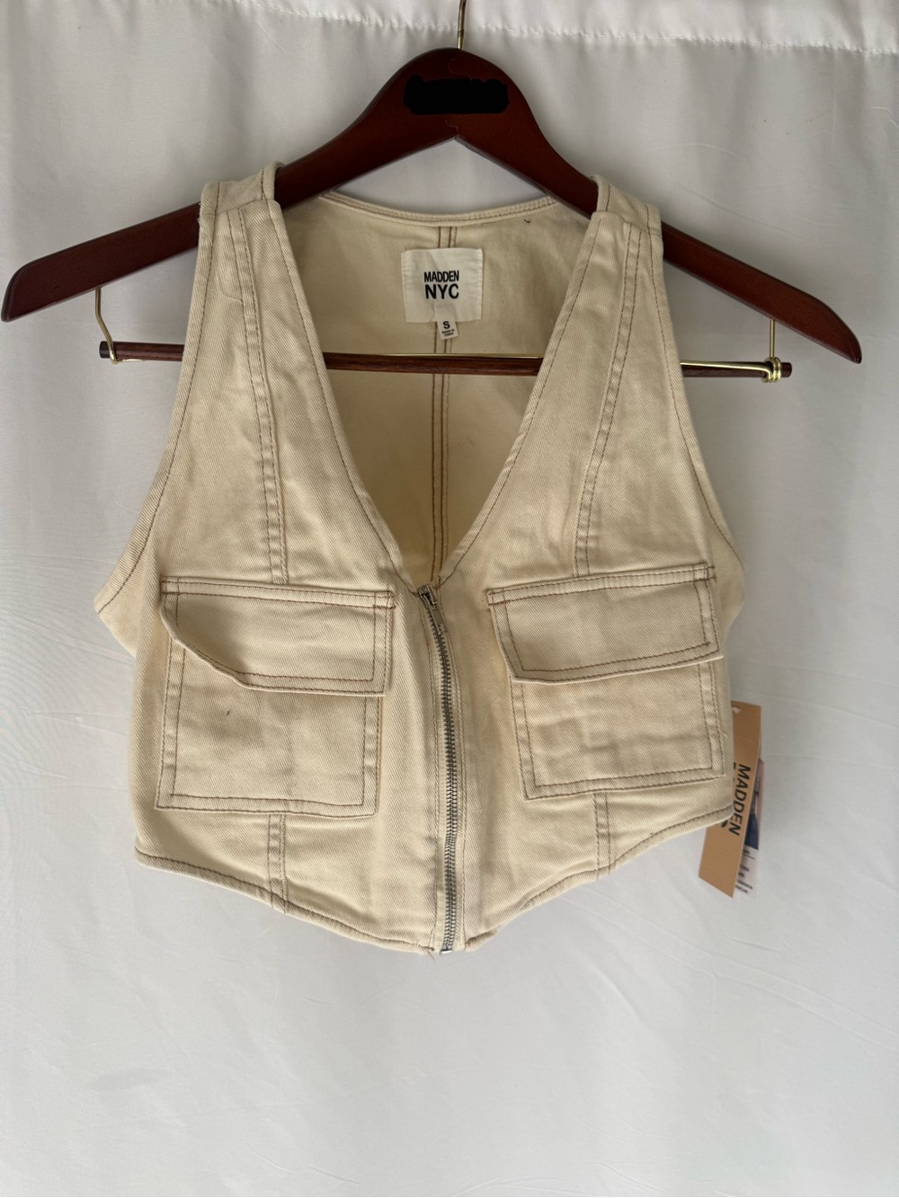 NYC Cream Denim Zip-Up Vest with Front Flap Pockets